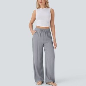 High Waisted Drawstring Pocket Wide Leg Casual Linen-Feel Pants
